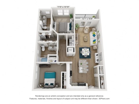 Floor plan for 2 beds, 2 baths, 1081 sqft